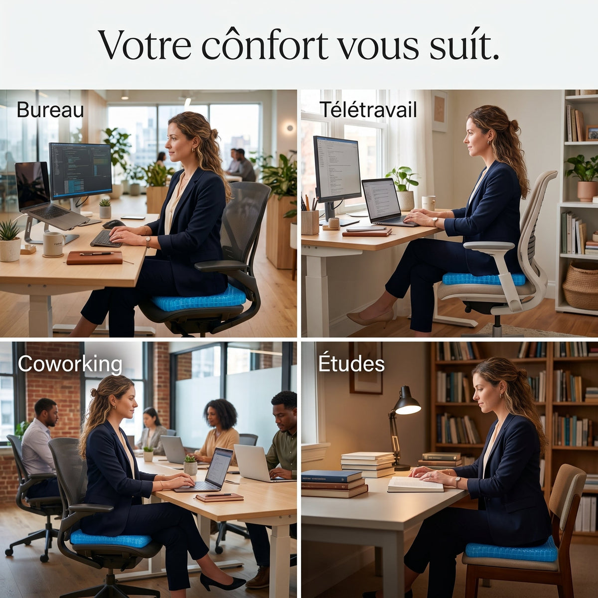 L'assise SEDORA au bureau, en voiture et à la maison